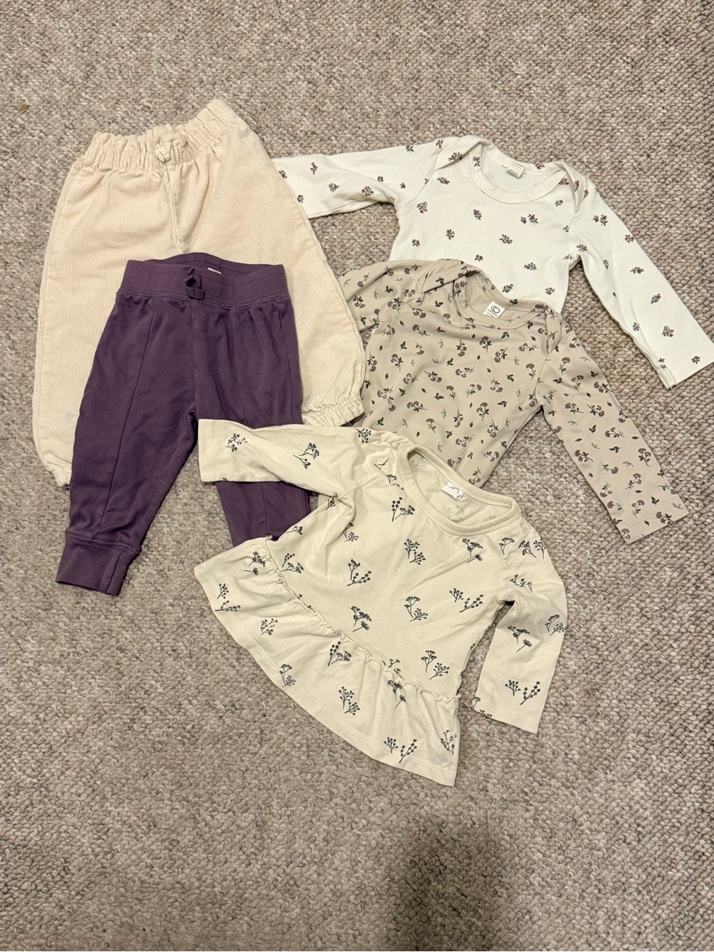 Colored Organics LOT 2 bodysuits 2 pants and one shirt Cream & Purple